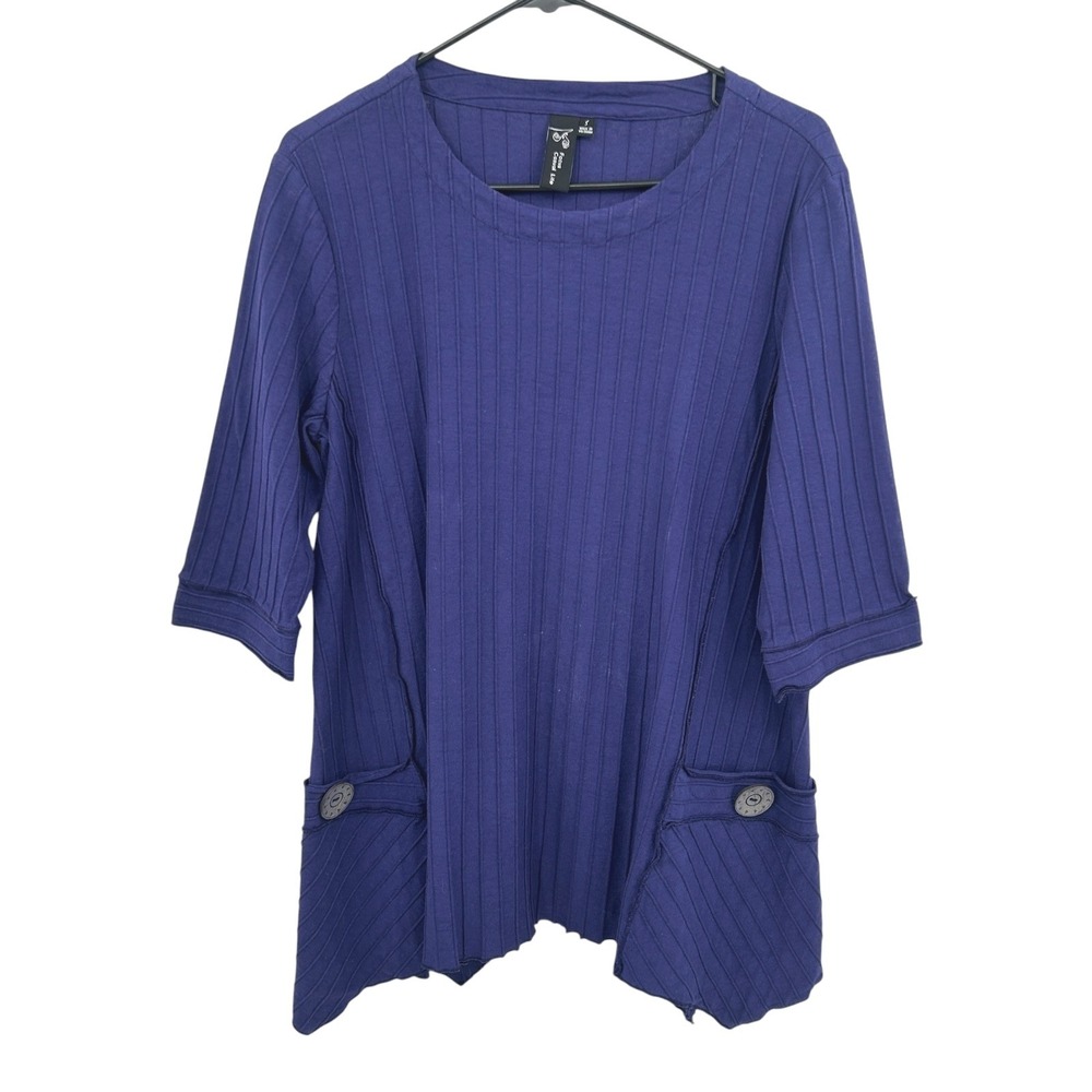 Ribbed Lagenlook‎ Cotton Tunic Top S Blue Swing Asymmetrical Hem Pockets Artsy